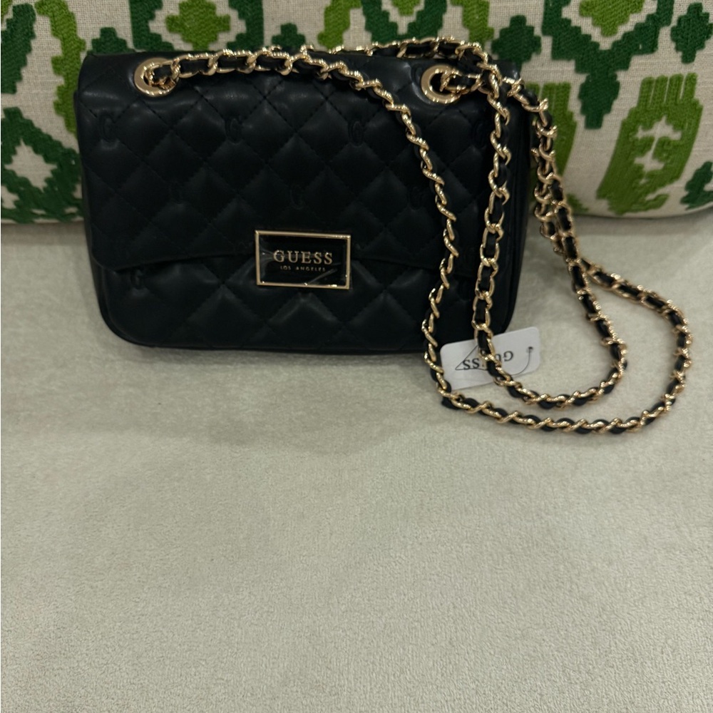 GUESS Black Quilted Crossbody Bag with Gold Chain